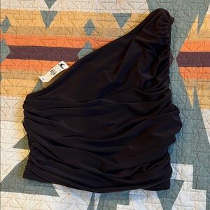 Express Brown One-Shoulder Ruched Crop Top